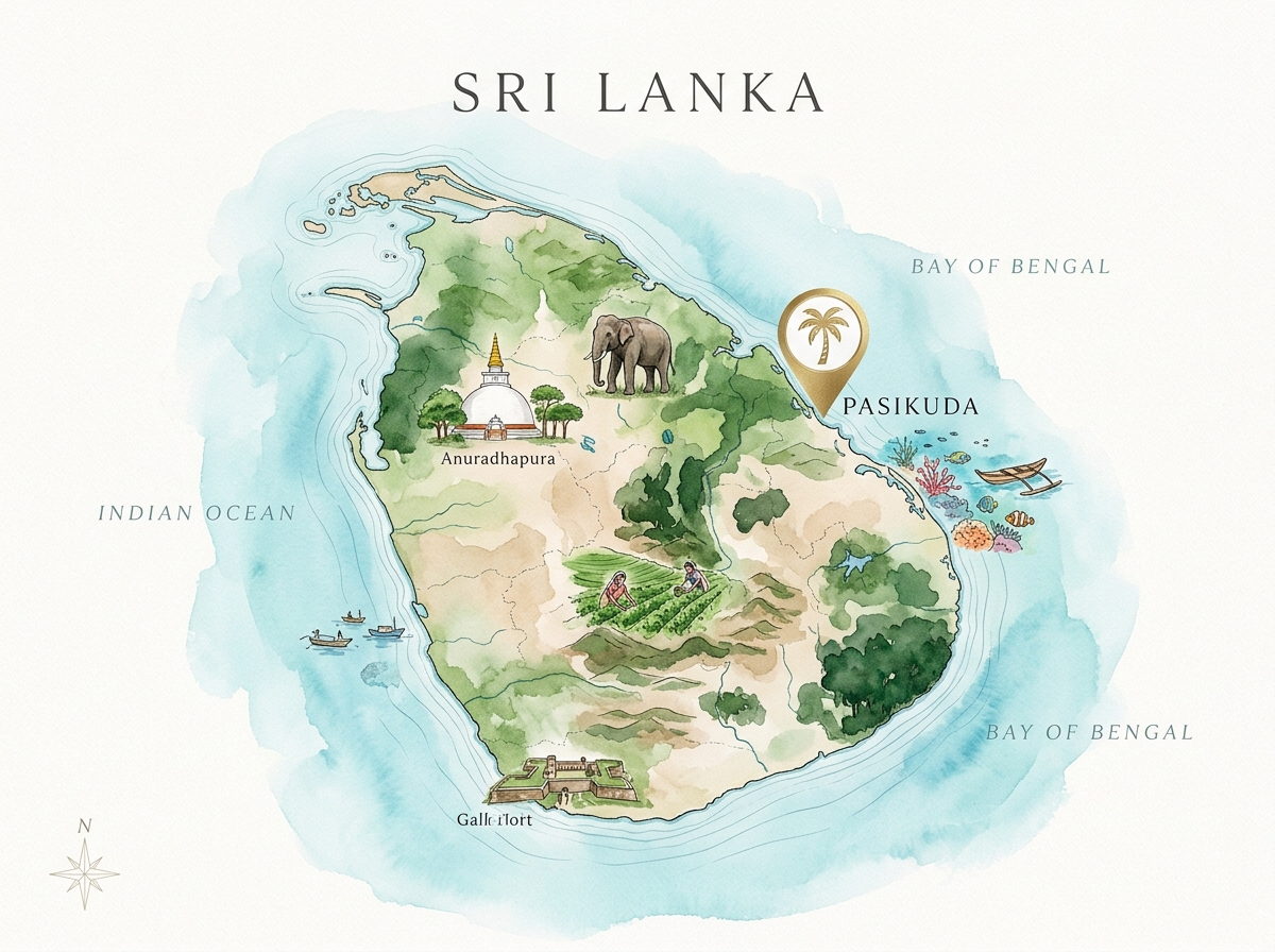 Artistic Illustrated Map of Sri Lanka - Pasikuda & Giman Free Beach Resort